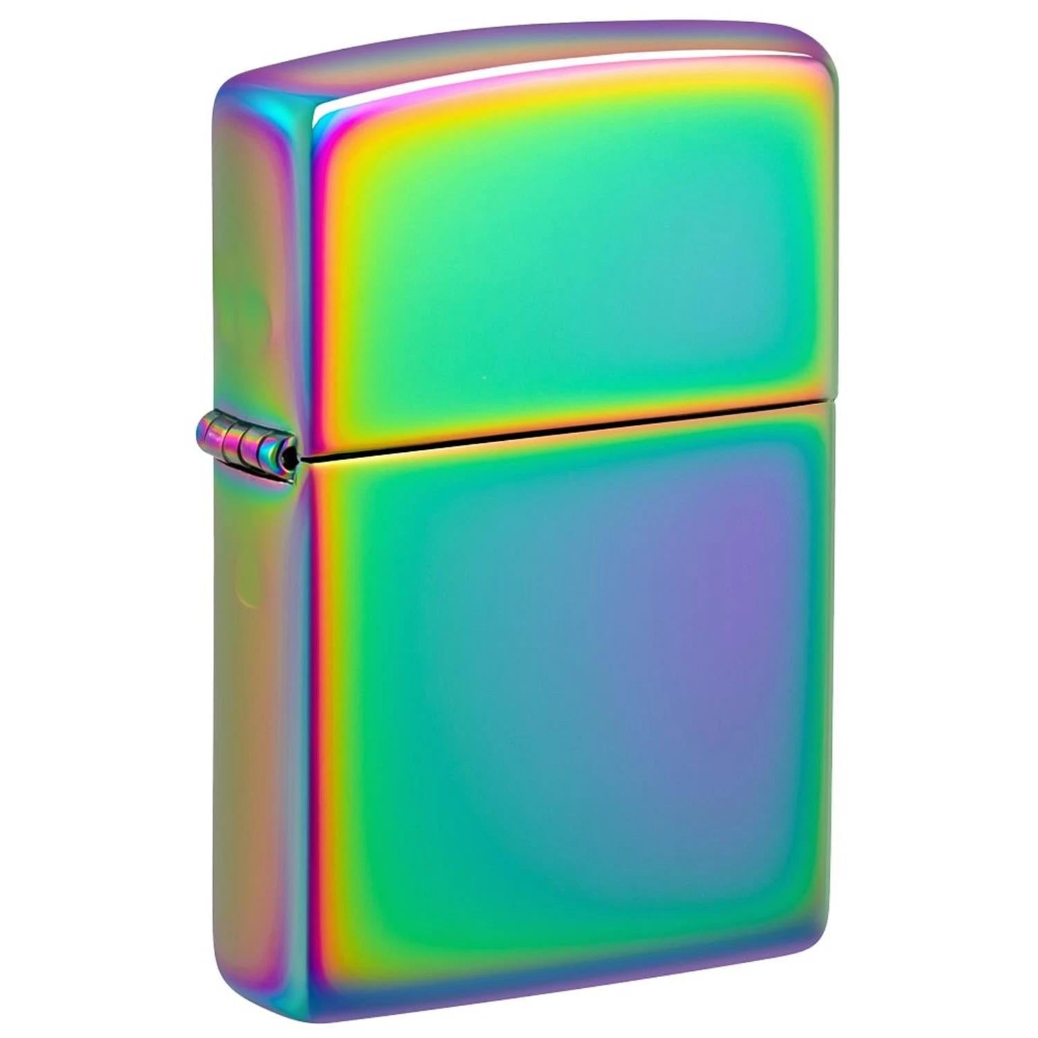 Zippo Sturmfeuerzeug Multi Color, geschlossen in Schrägansicht, schillerndes Regenbogen-Chrom-Finish in Grün, Türkis, Lila und Pink, weißer Hintergrund
